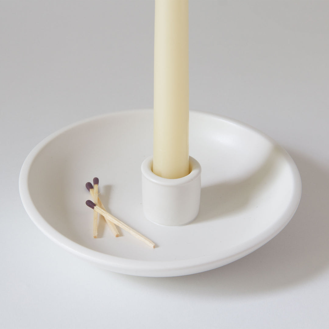 Ceramic Dish Taper Candleholder - White