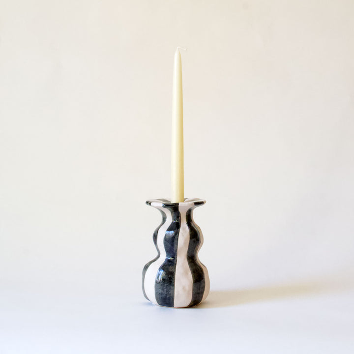 Ceramic Striped Taper Candleholder - Black