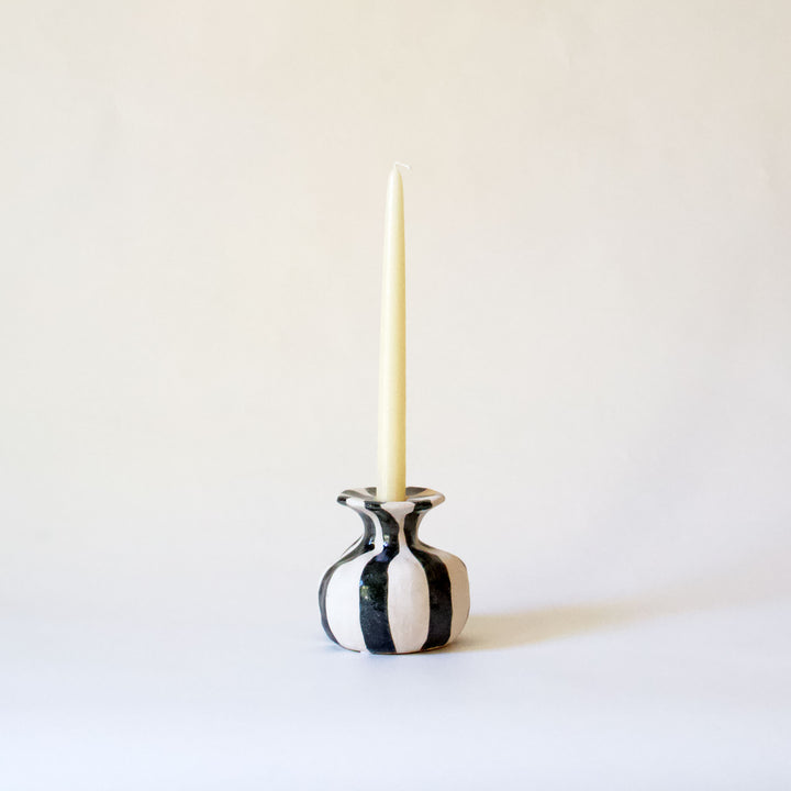Ceramic Striped Taper Candleholder - Black