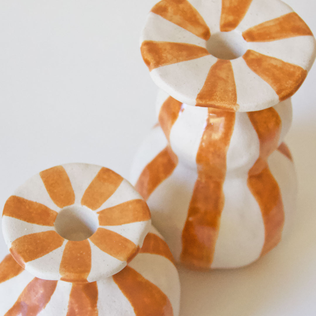 Ceramic Striped Taper Candleholder - Orange
