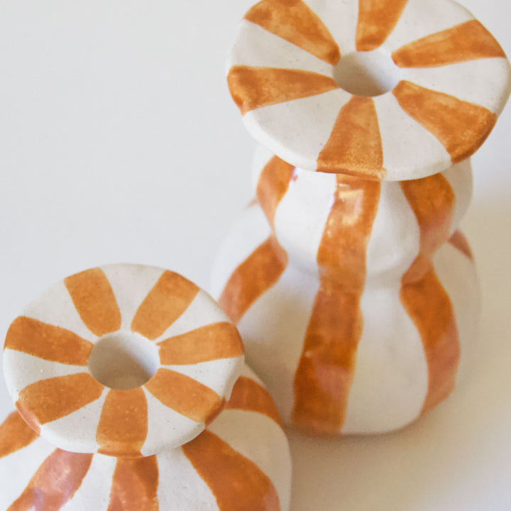 Ceramic Striped Taper Candleholder - Orange