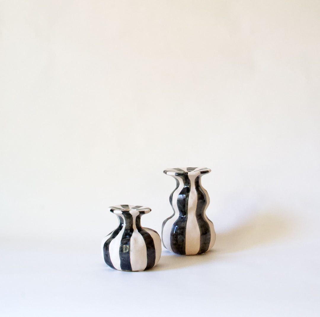 Ceramic Striped Taper Candleholder - Black