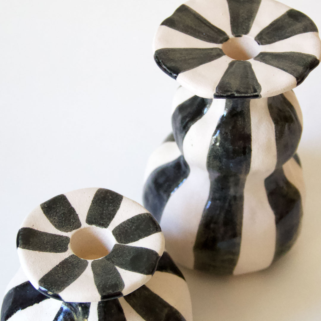Ceramic Striped Taper Candleholder - Black