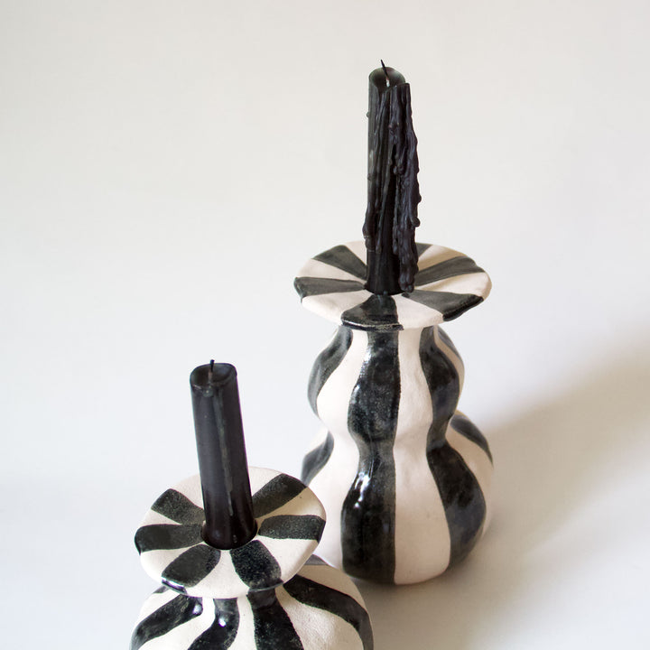 Ceramic Striped Taper Candleholder - Black