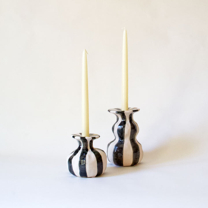 Ceramic Striped Taper Candleholder - Black