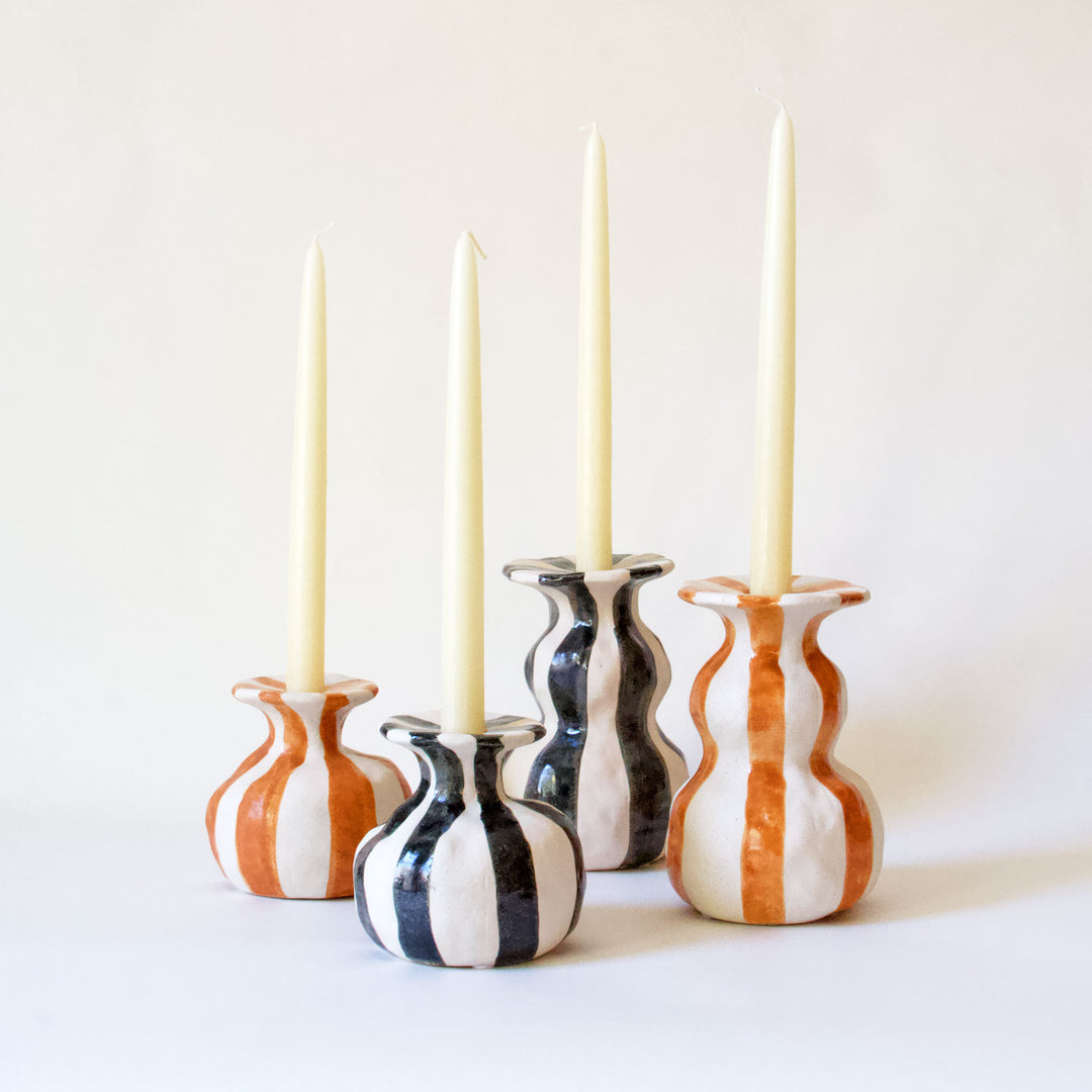 Ceramic Striped Taper Candleholder - Orange