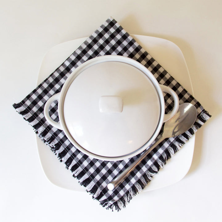Checkered Fringed Napkins - Black, Set of 4
