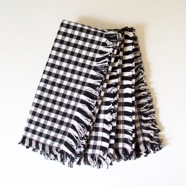 Checkered Fringed Napkins - Black, Set of 4