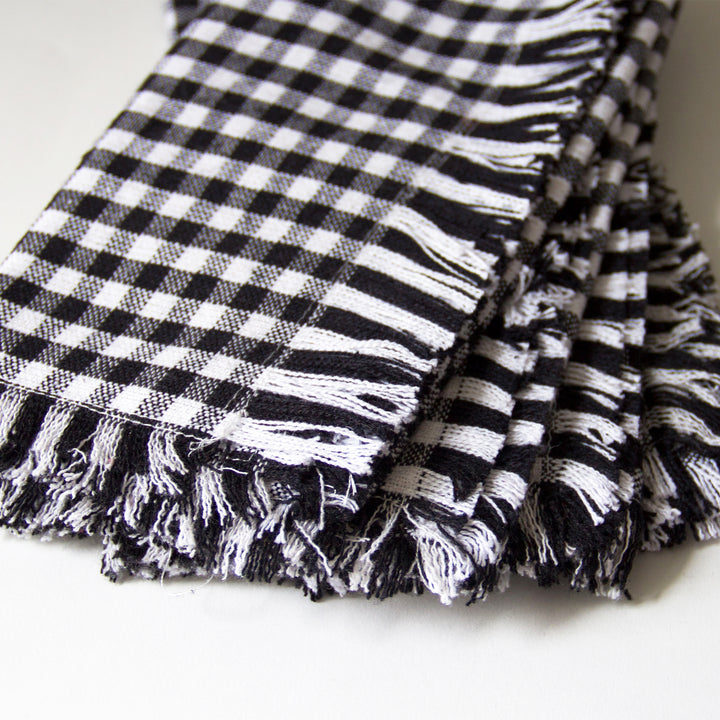 Checkered Fringed Napkins - Black, Set of 4