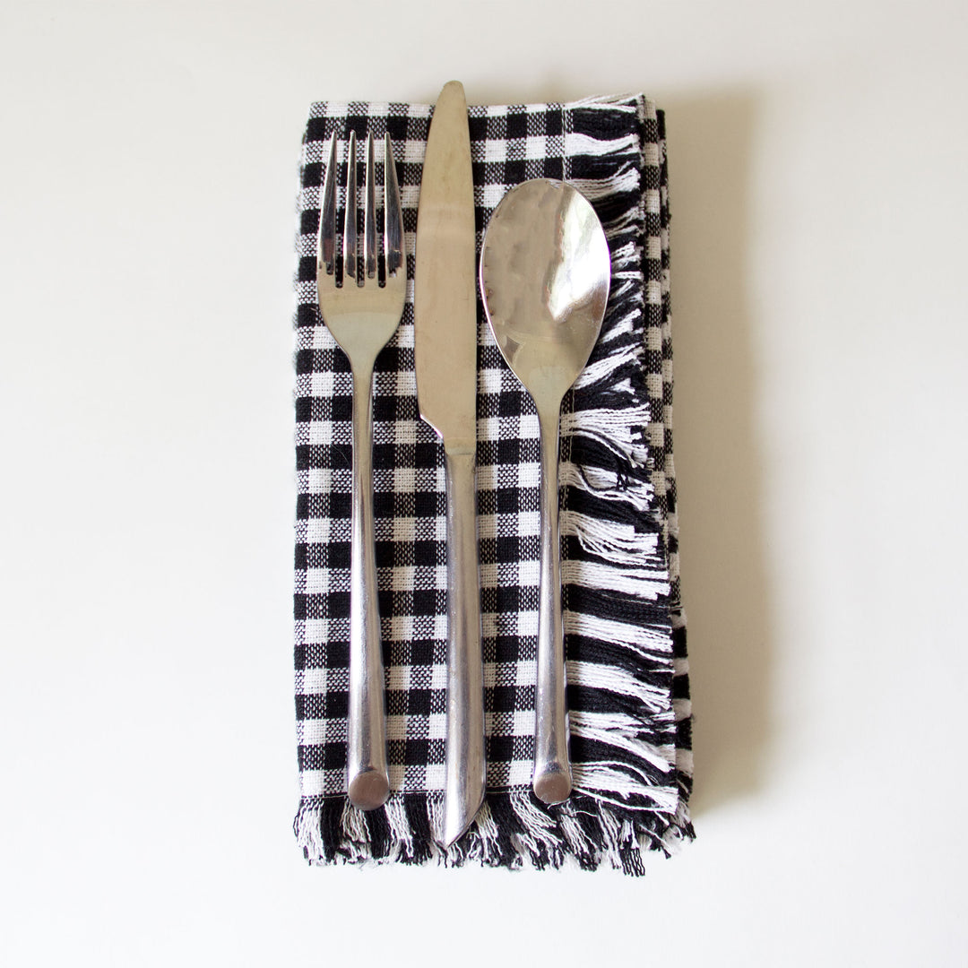Checkered Fringed Napkins - Black, Set of 4