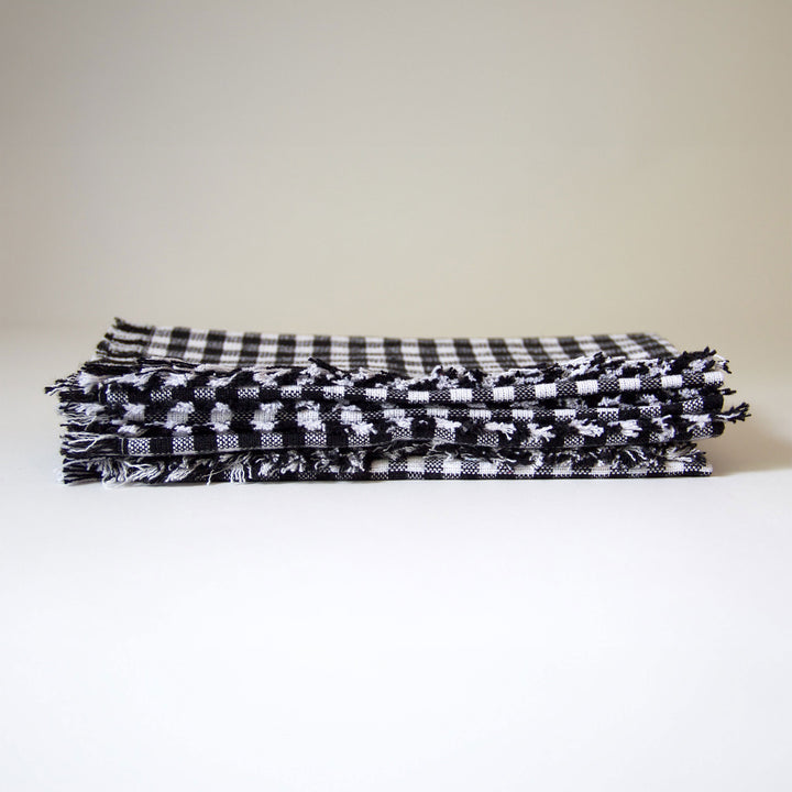 Checkered Fringed Napkins - Black, Set of 4