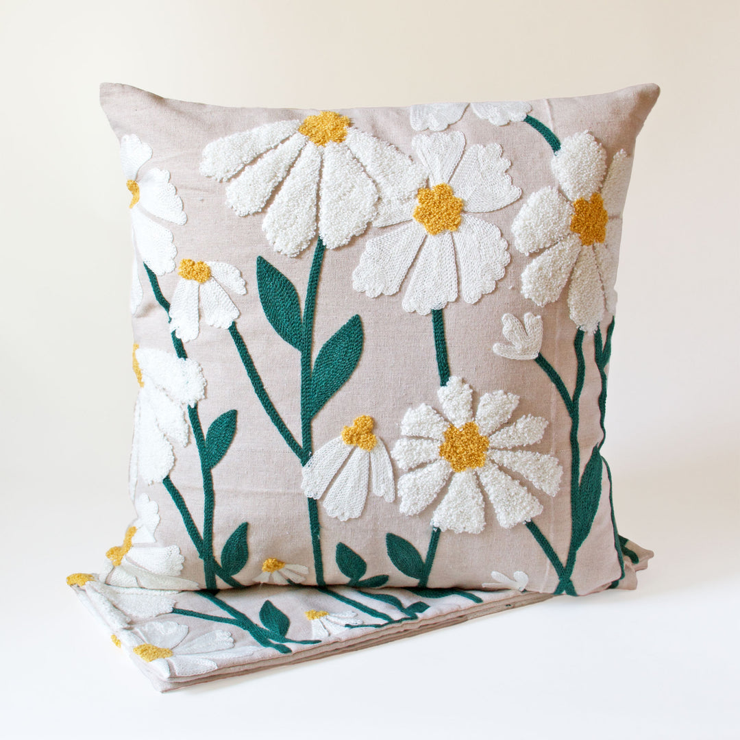 Daisy Embroidered Pillow Cover