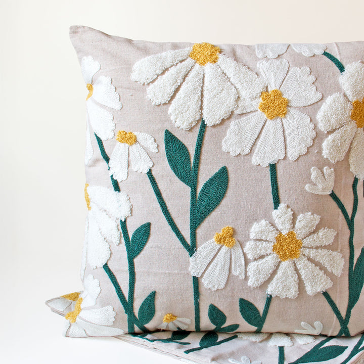 Daisy Embroidered Pillow Cover