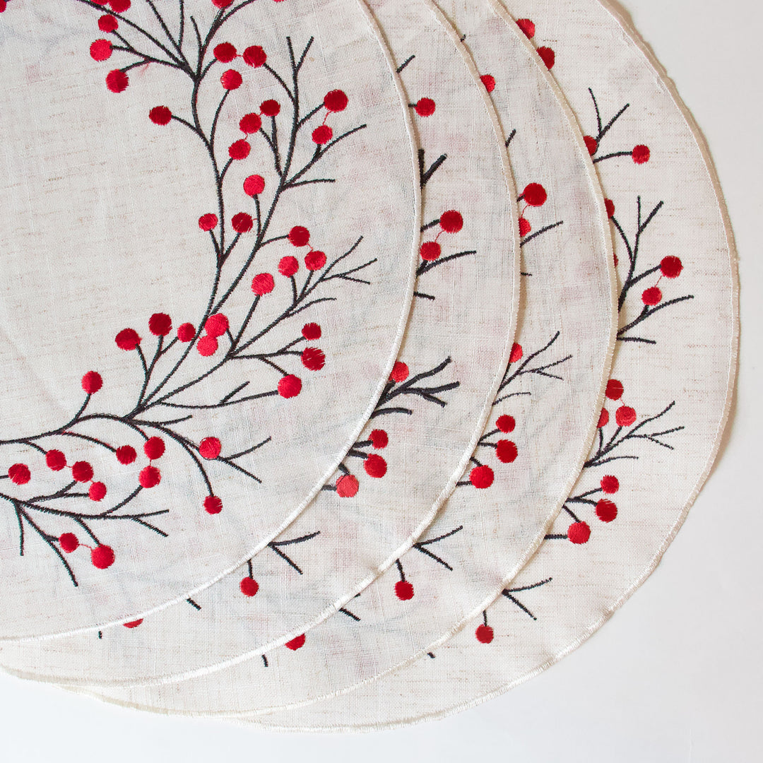 Embroidered Berry Round Placemats, Set of 4