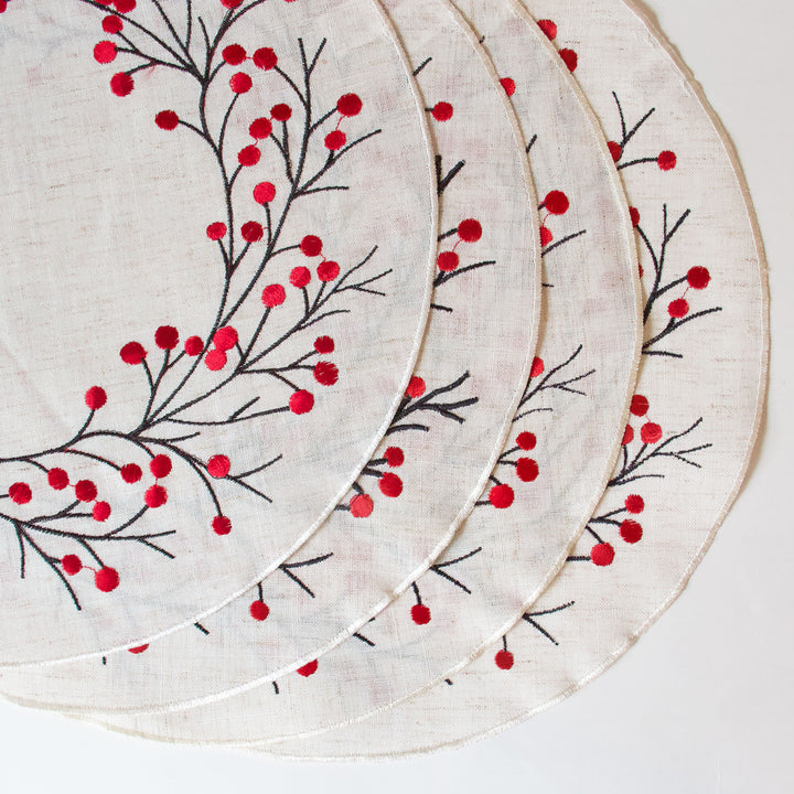 Embroidered Berry Round Placemats, Set of 4