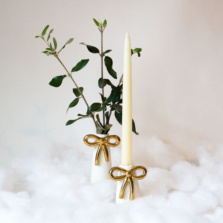 Gold Bow Ceramic Taper Candleholder & Bud Vase