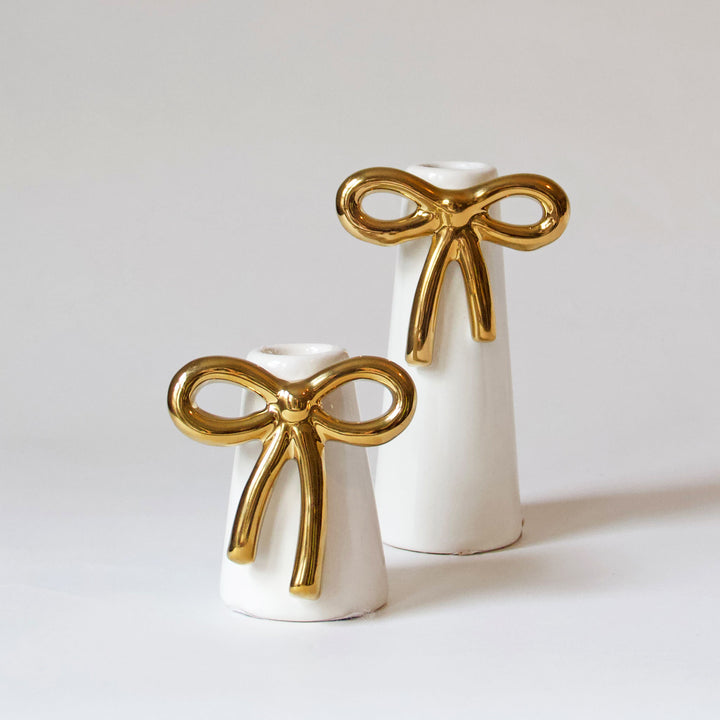 Gold Bow Ceramic Taper Candleholder & Bud Vase