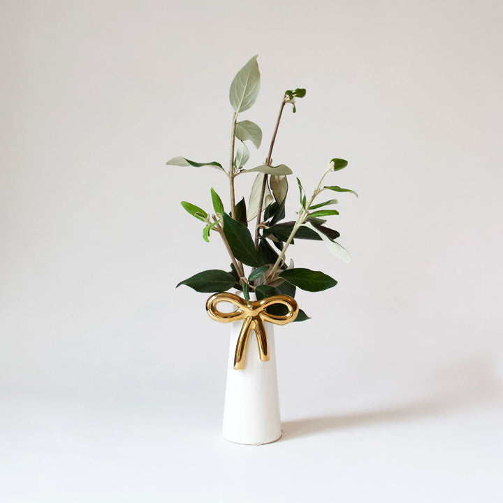 Gold Bow Ceramic Taper Candleholder & Bud Vase
