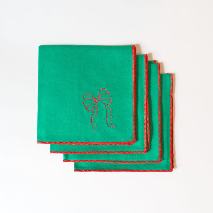 Green Embroidered Bow Cocktail Napkins, Set of 4