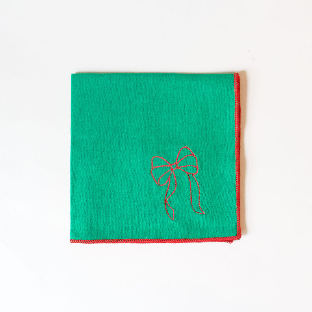 Green Embroidered Bow Cocktail Napkins, Set of 4