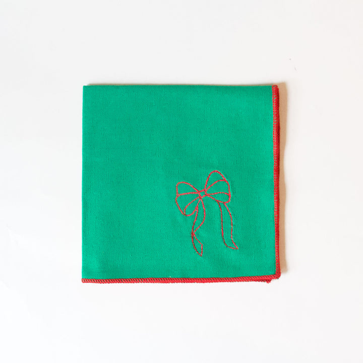 Green Embroidered Bow Cocktail Napkins, Set of 4