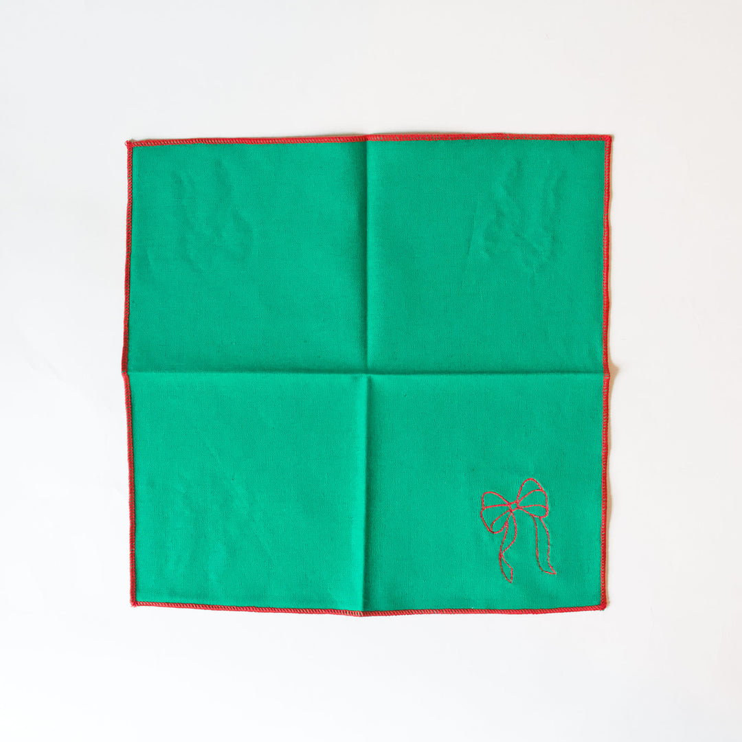 Green Embroidered Bow Cocktail Napkins, Set of 4