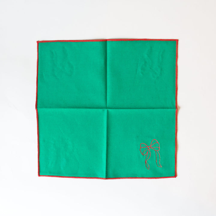 Green Embroidered Bow Cocktail Napkins, Set of 4