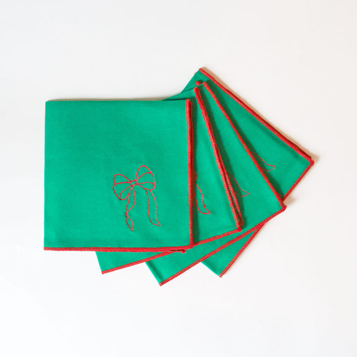 Green Embroidered Bow Cocktail Napkins, Set of 4