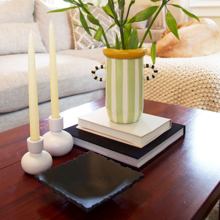 Striped Painted Ceramic Vase - Green & White