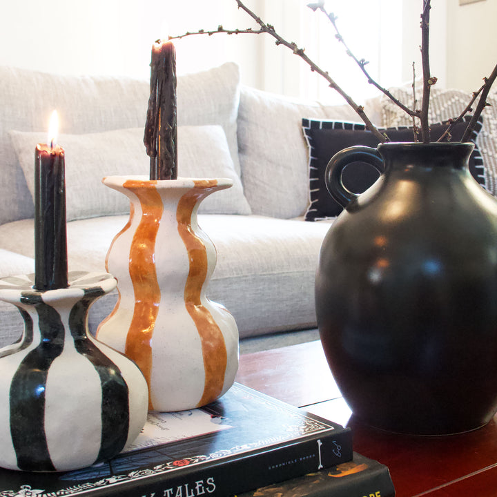 Ceramic Striped Taper Candleholder - Orange