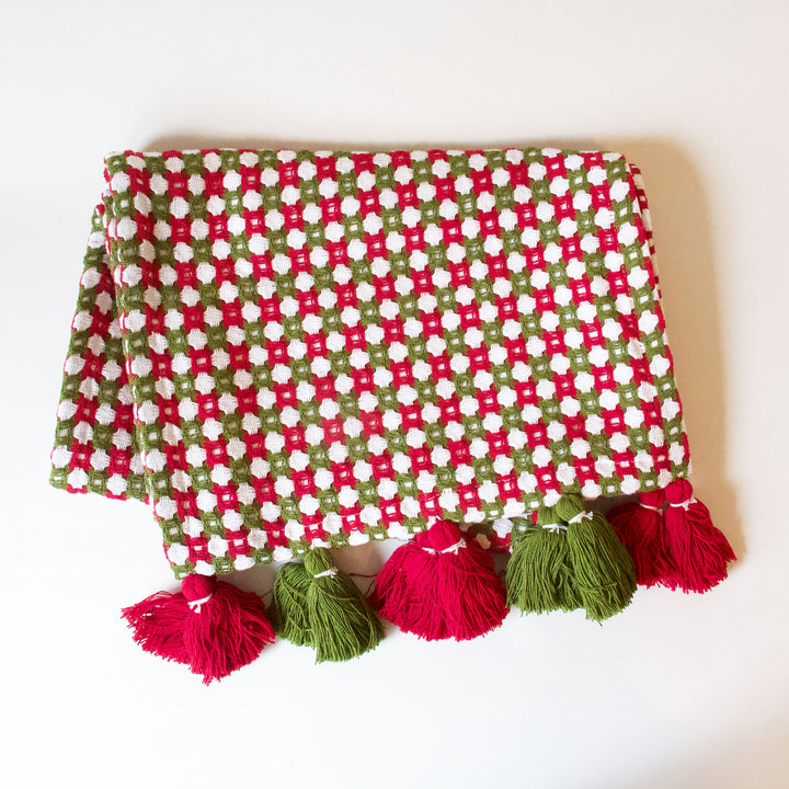 Red & Green Honeycomb Tassel Table Runner