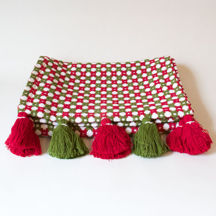 Red & Green Honeycomb Tassel Table Runner