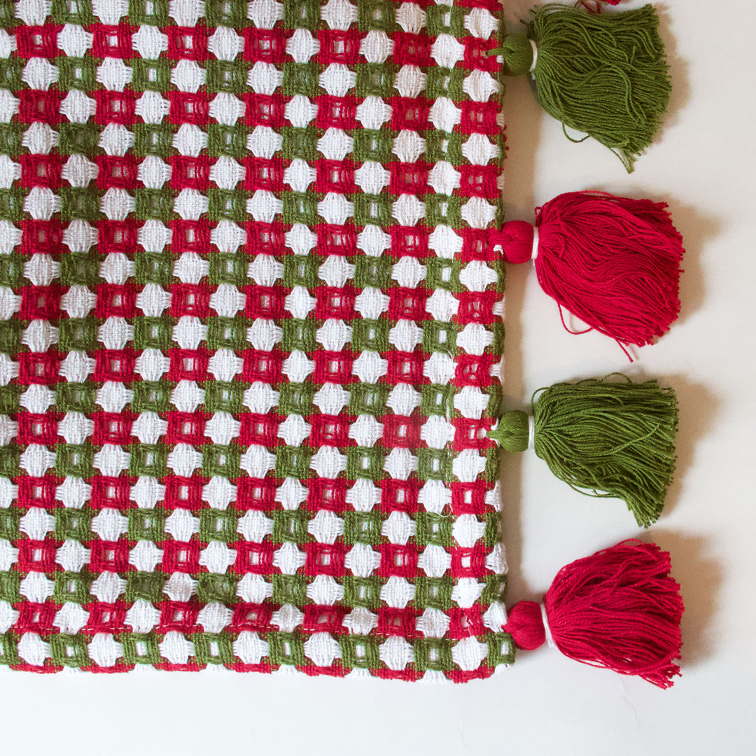 Red & Green Honeycomb Tassel Table Runner