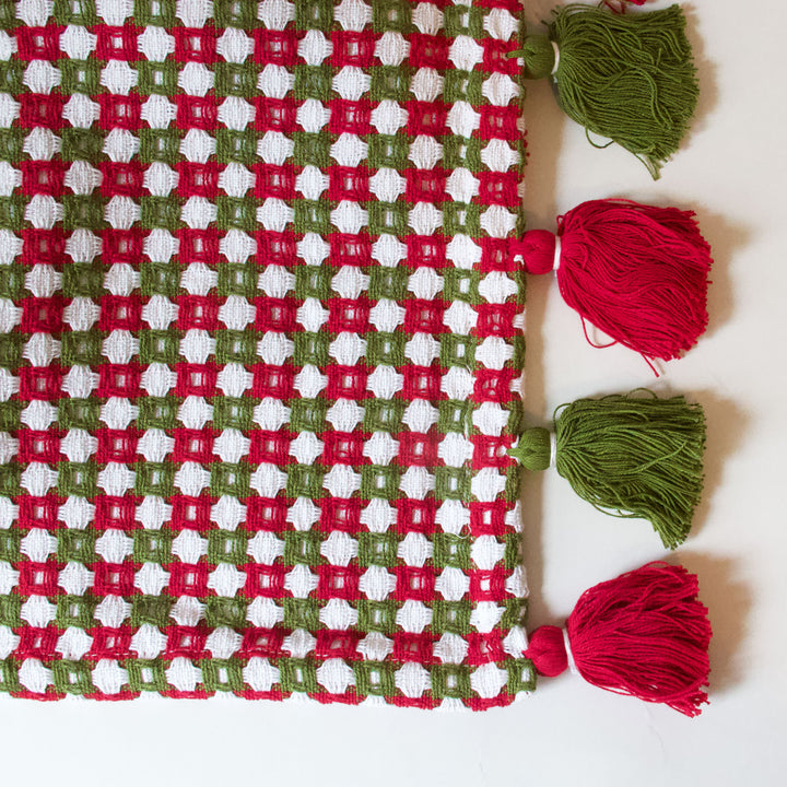 Red & Green Honeycomb Tassel Table Runner