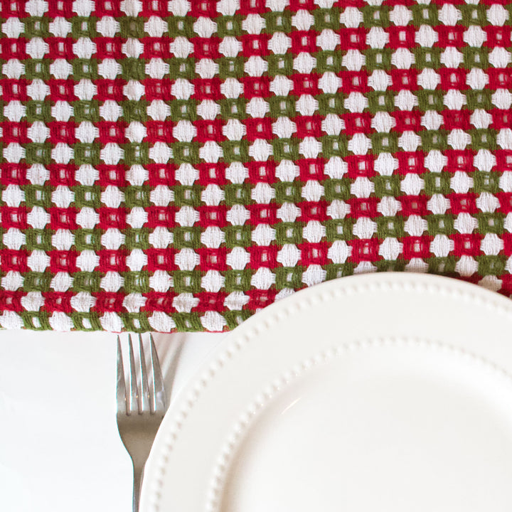 Red & Green Honeycomb Tassel Table Runner
