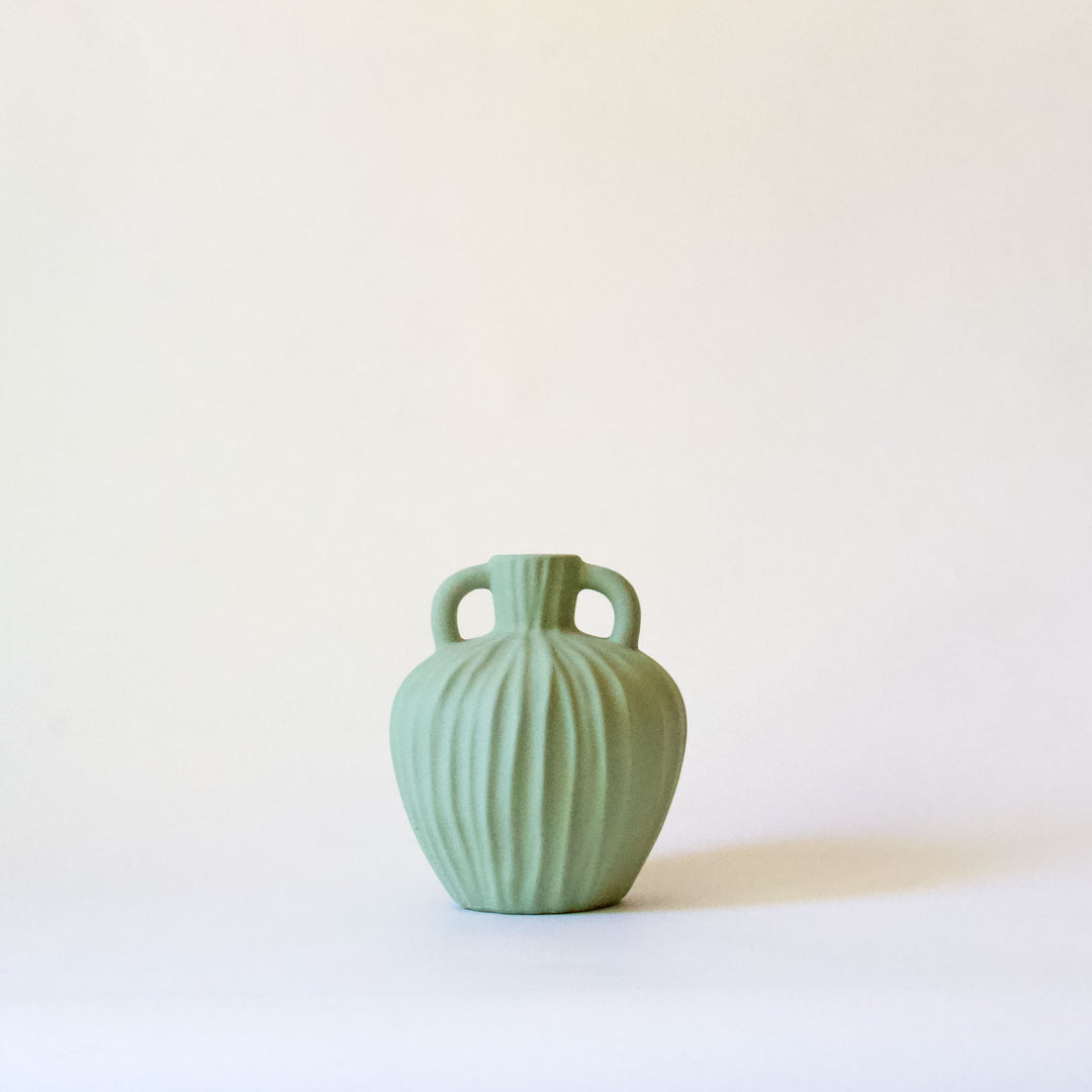 Ribbed Ceramic Handle Vase - Sage Green
