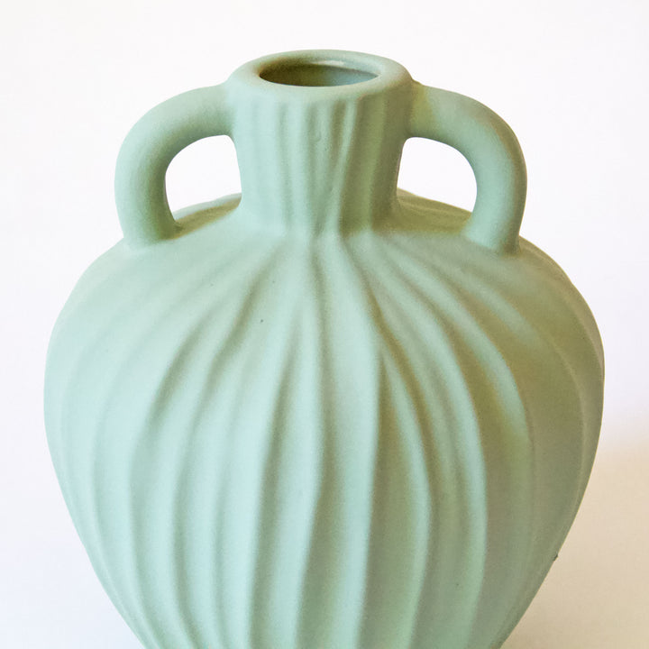 Ribbed Ceramic Handle Vase - Sage Green