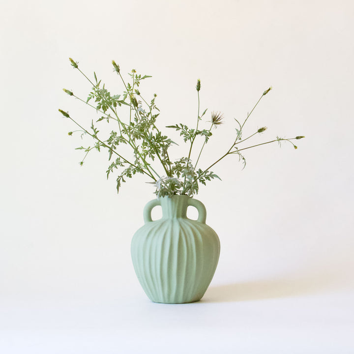 Ribbed Ceramic Handle Vase - Sage Green