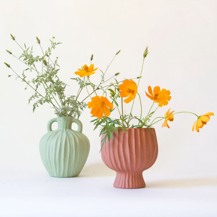 Ribbed Ceramic Handle Vase - Sage Green