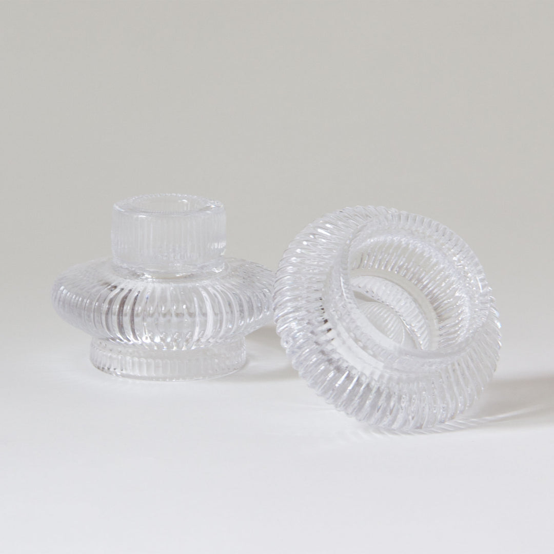 Ribbed Glass Taper & Tealight Candleholder - Clear