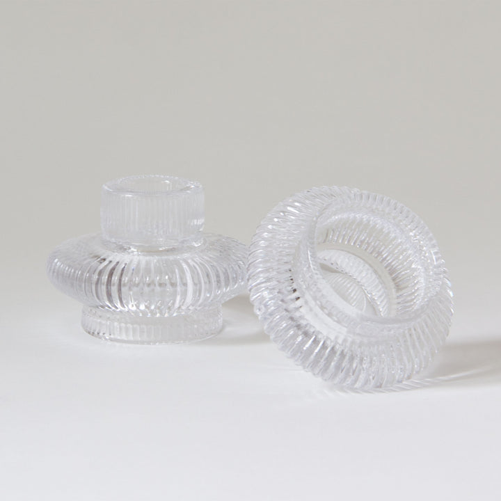 Ribbed Glass Taper & Tealight Candleholder - Clear