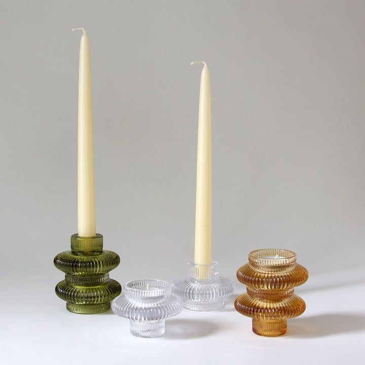 Ribbed Glass Taper & Tealight Candleholder - Clear