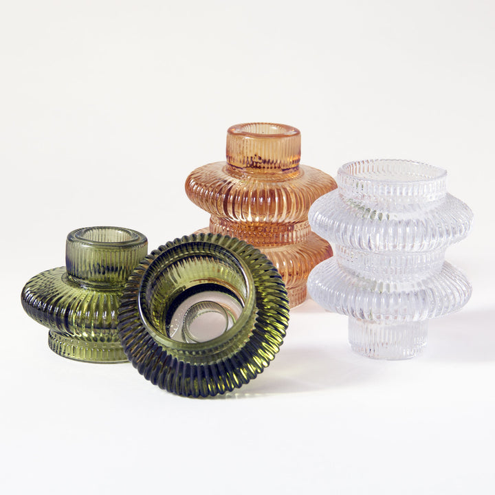 Ribbed Glass Taper & Tealight Candleholder - Clear