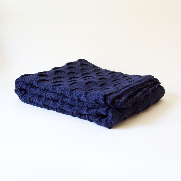 Scalloped Knitted Cotton Throw - Navy