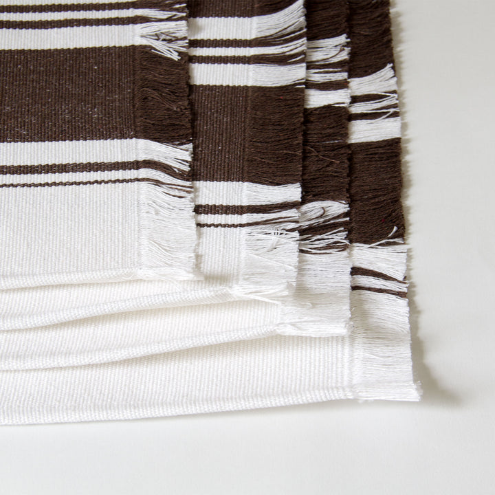 Striped Fringed Canvas Placemats - Brown, Set of 4