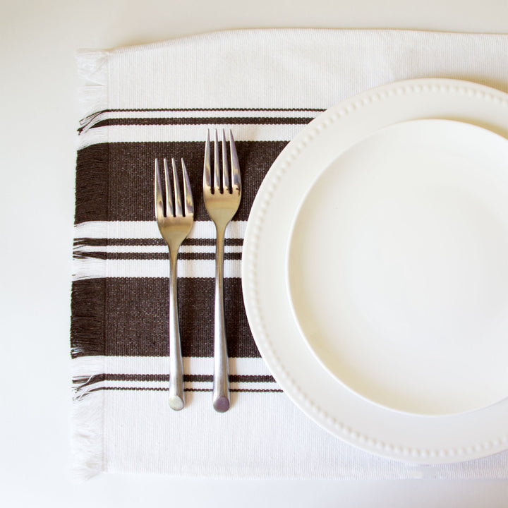 Striped Fringed Canvas Placemats - Brown, Set of 4