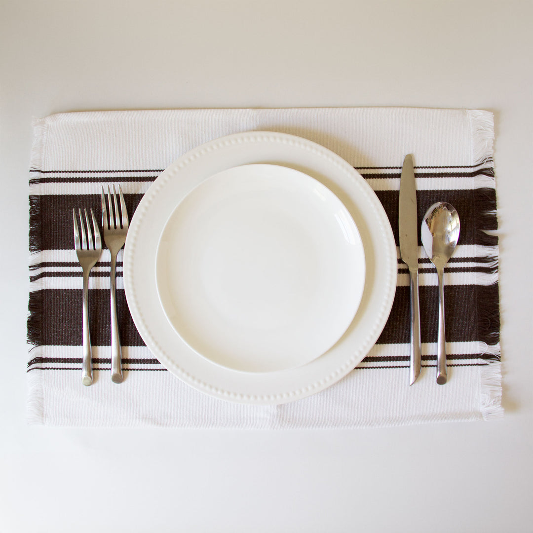 Striped Fringed Canvas Placemats - Brown, Set of 4