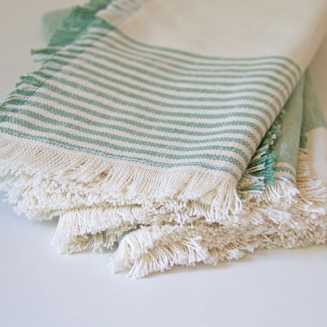 Striped Fringed Chambray Napkins - Green, Set of 4
