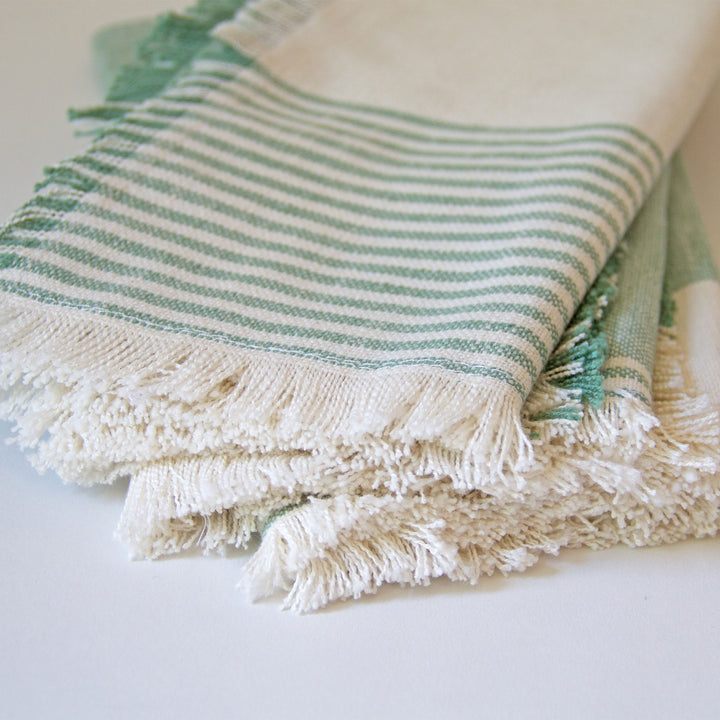Striped Fringed Chambray Napkins - Green, Set of 4