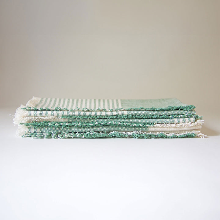 Striped Fringed Chambray Napkins - Green, Set of 4